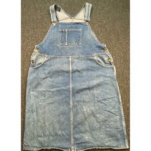 New Breed Vintage 90s Womens XL Blue Denim Overall Pinafore Midi Dress Pockets